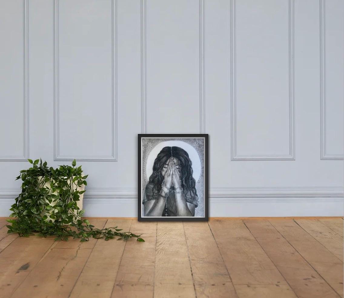 “Beads of Faith” Charcoal Drawing Framed