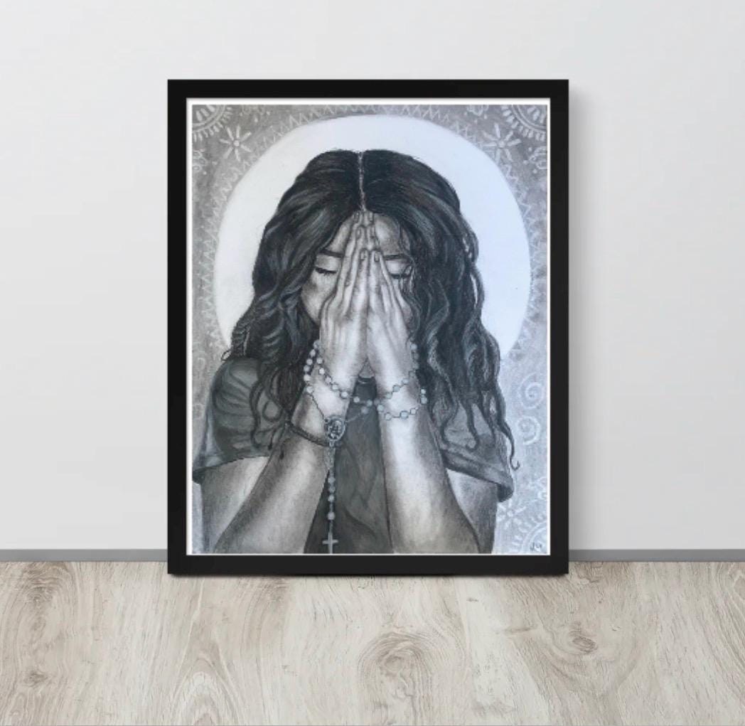 “Beads of Faith” Charcoal Drawing Framed
