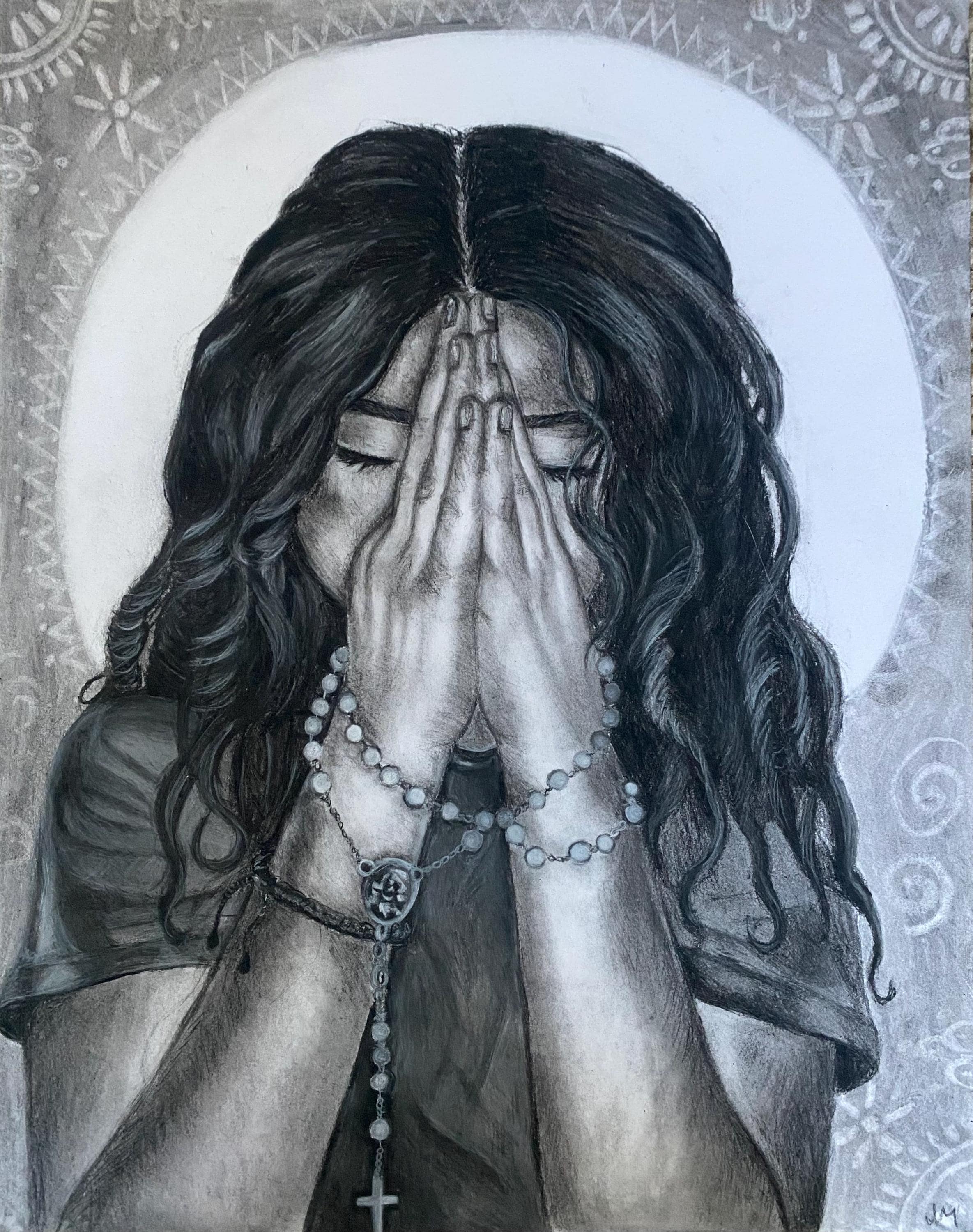 “Beads of Faith” Charcoal Drawing Framed