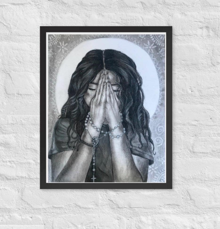 “Beads of Faith” Charcoal Drawing Framed